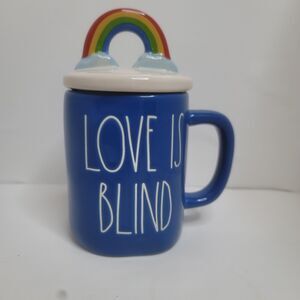 Rae Dunn Love Is Blind Blue Coffee Tea Mug W/ Rainbow Lid